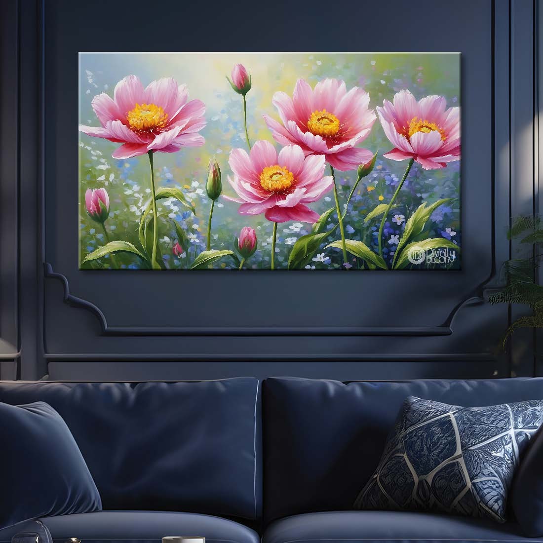 Pink flowers in grey background canvas painting- Flower-752