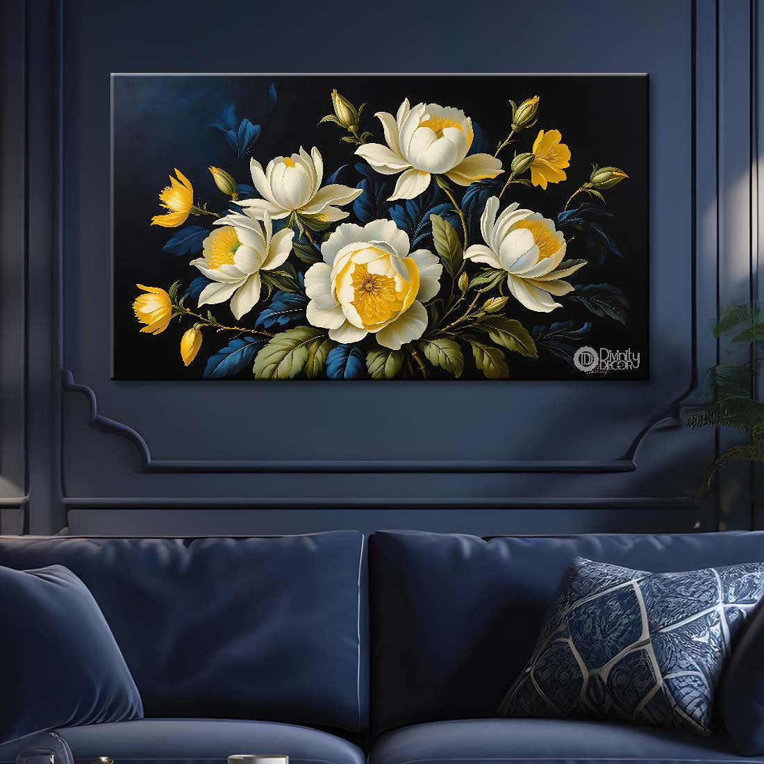 Yellow flowers in navy blue background canvas painting- Flower-753