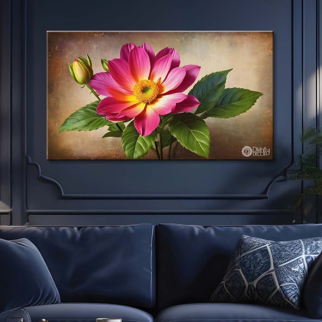 Pink flower in light brown background canvas painting- Flower-754