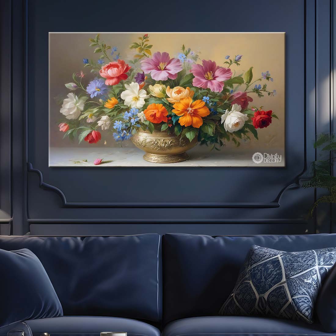 Colorful flowers in a vas in light brown background canvas painting- Flower-755