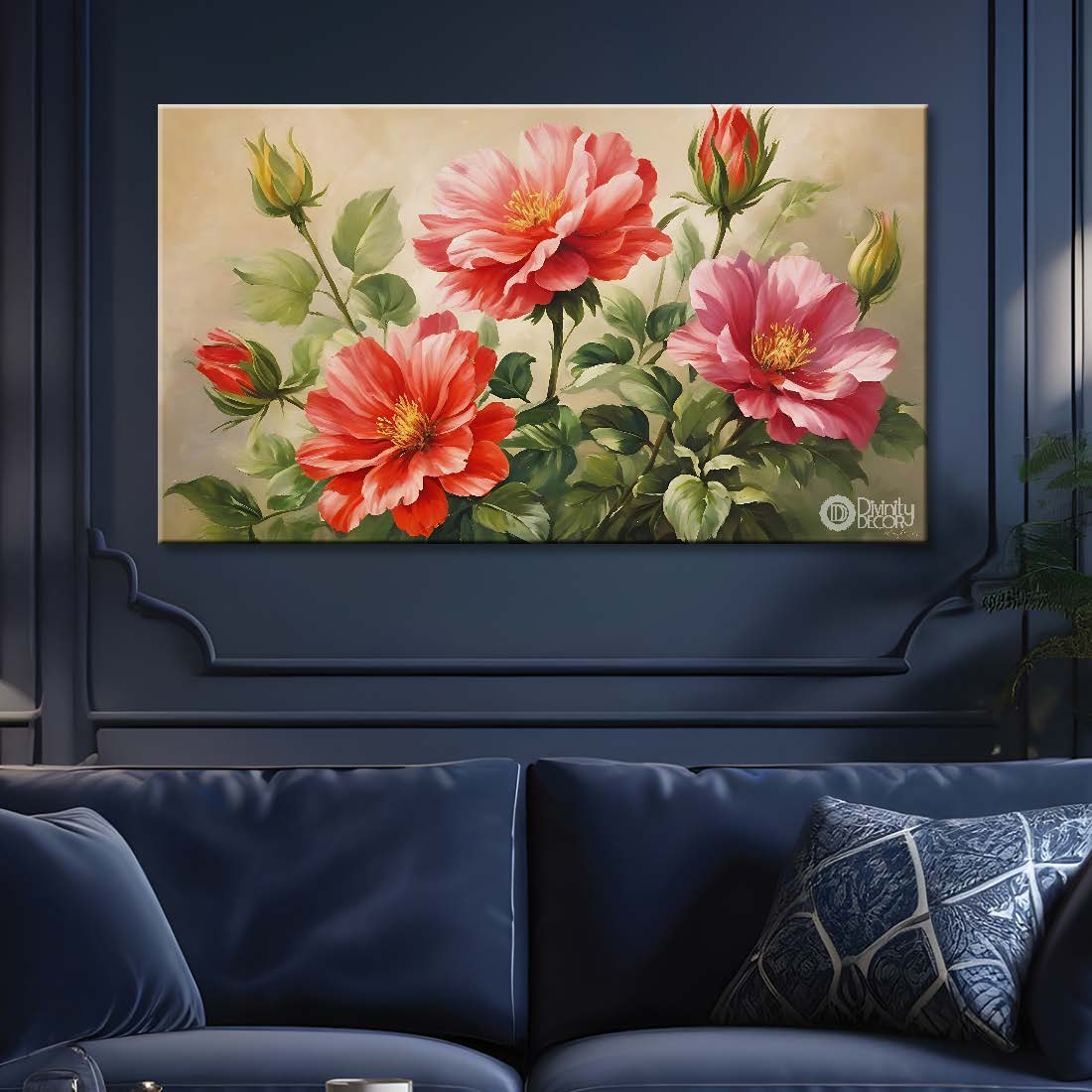 Pink flowers in light background canvas painting- Flower-757