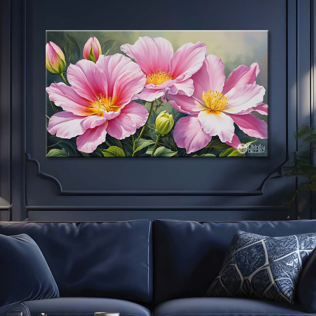 Pink flowers in grey background canvas painting- Flower-758
