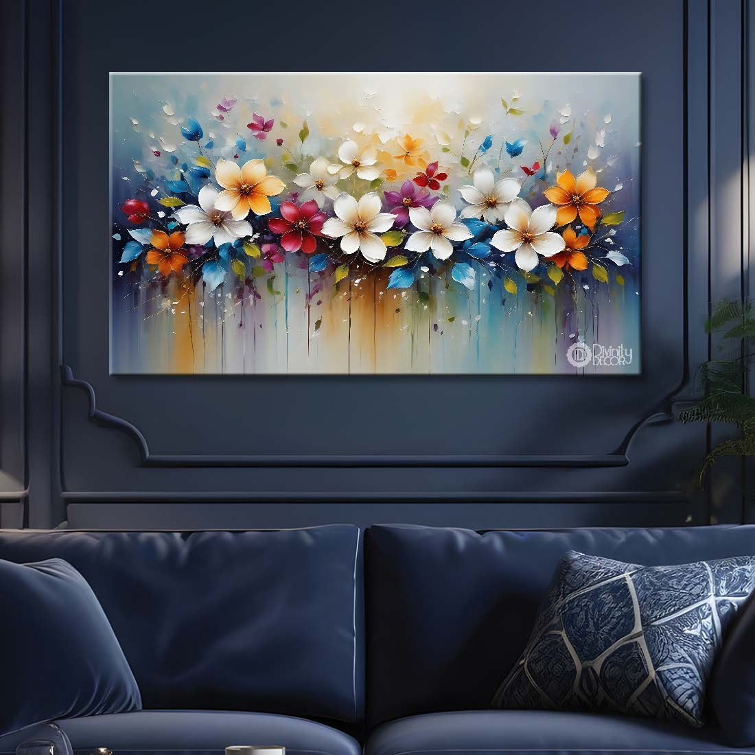 White flowers in colorful background canvas painting- Flower-759