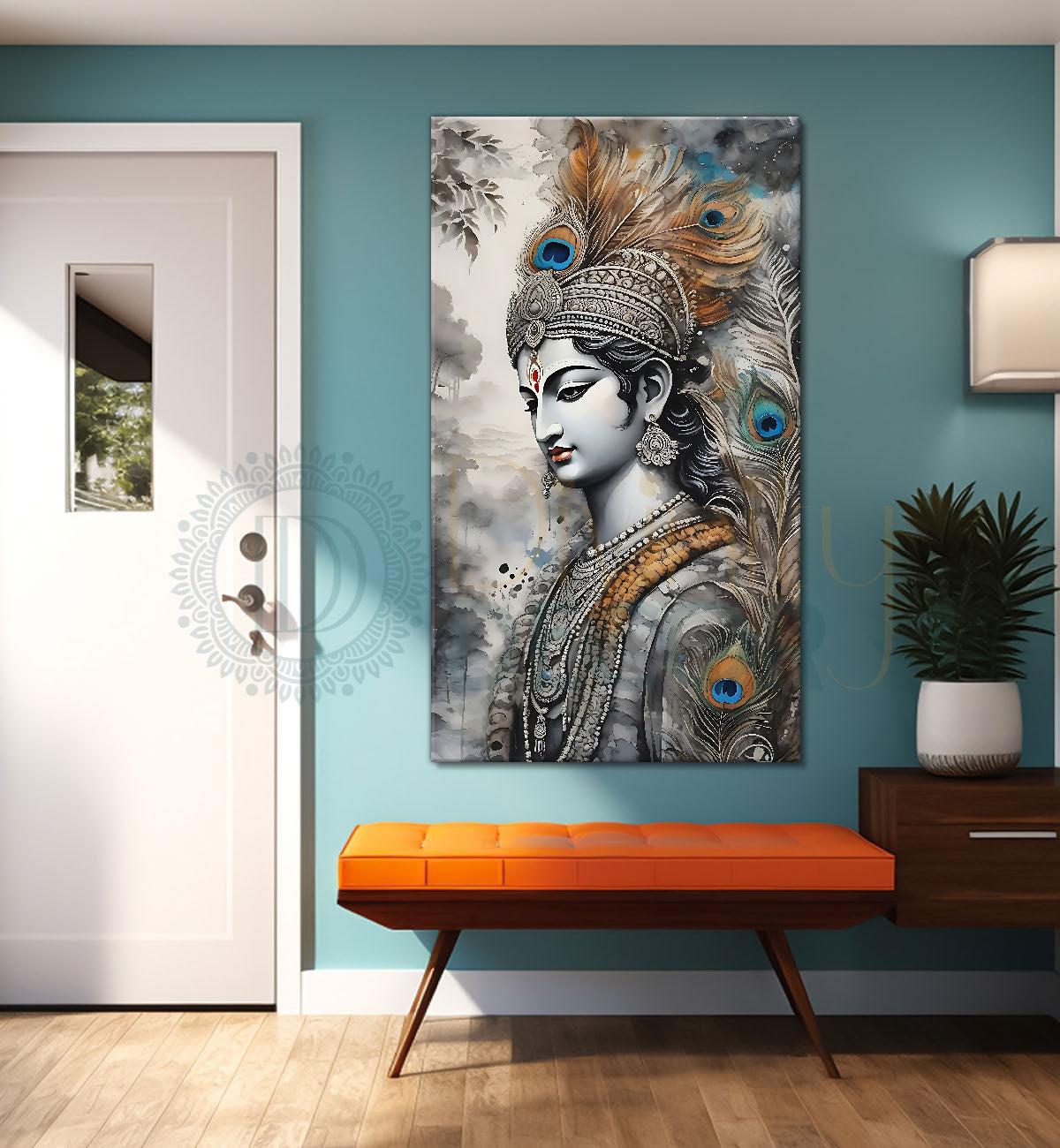 Krishna in grey and light brown water colour textured art Canvas Painting - Design - Krishna-V-75