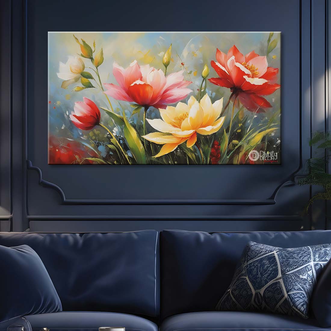 Pink and white flowers in grey background canvas painting- Flower-760