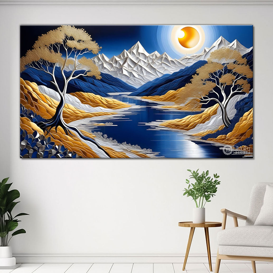 Blue mountains with golden moon and trees painting Canvas Painting - Nature Art -760