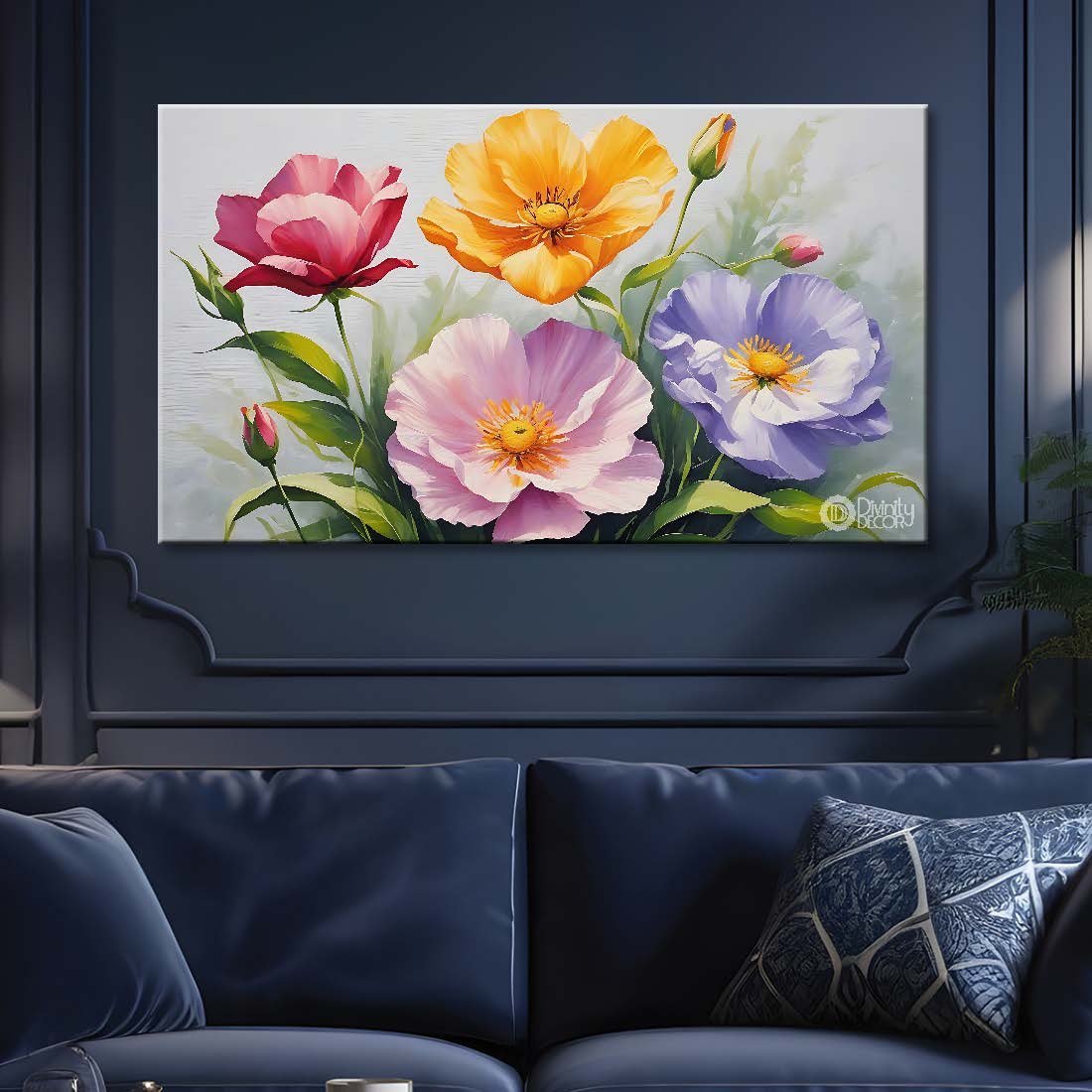 Colorful flowers in grey background canvas painting- Flower-761