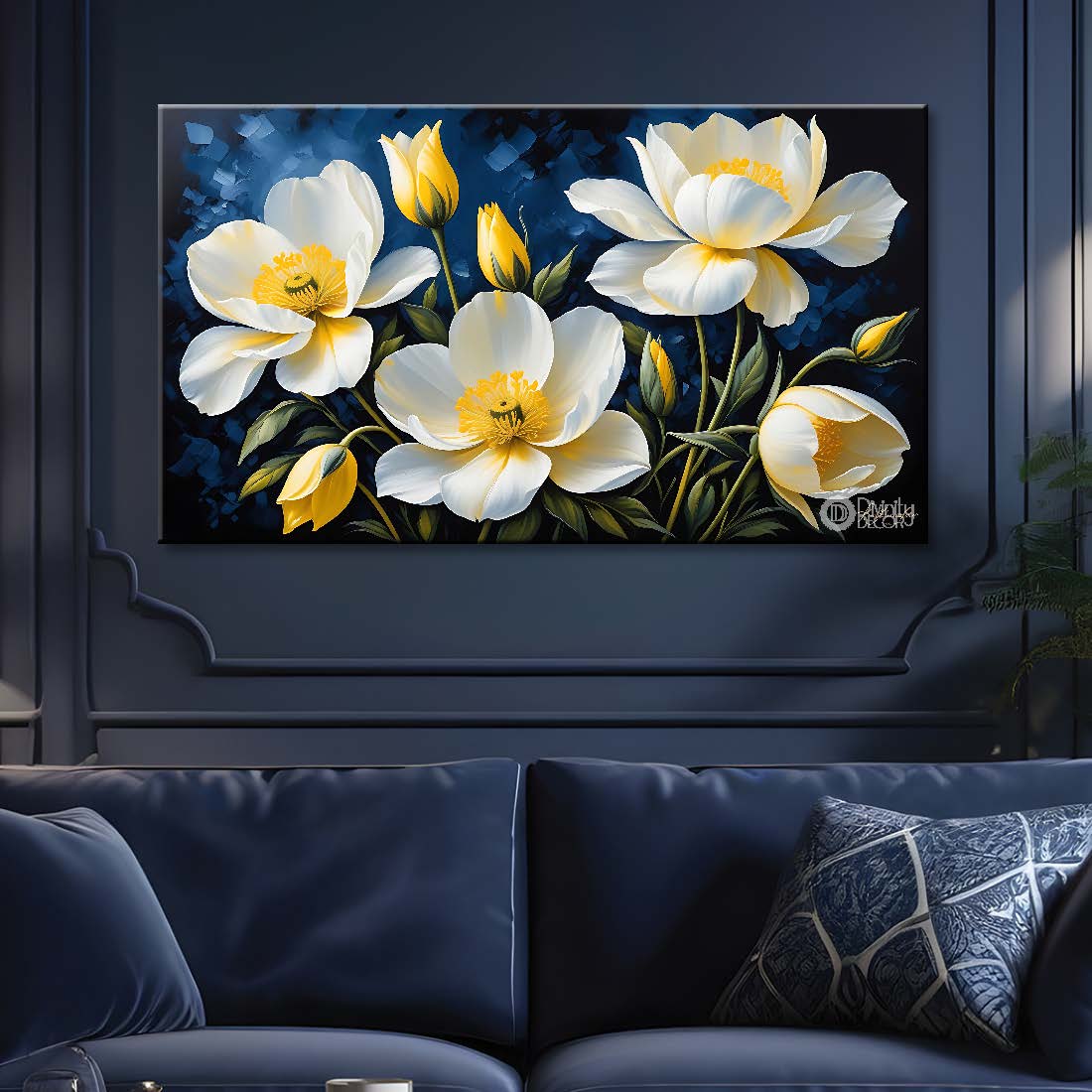 White flowers in navy blue background canvas painting- Flower-762