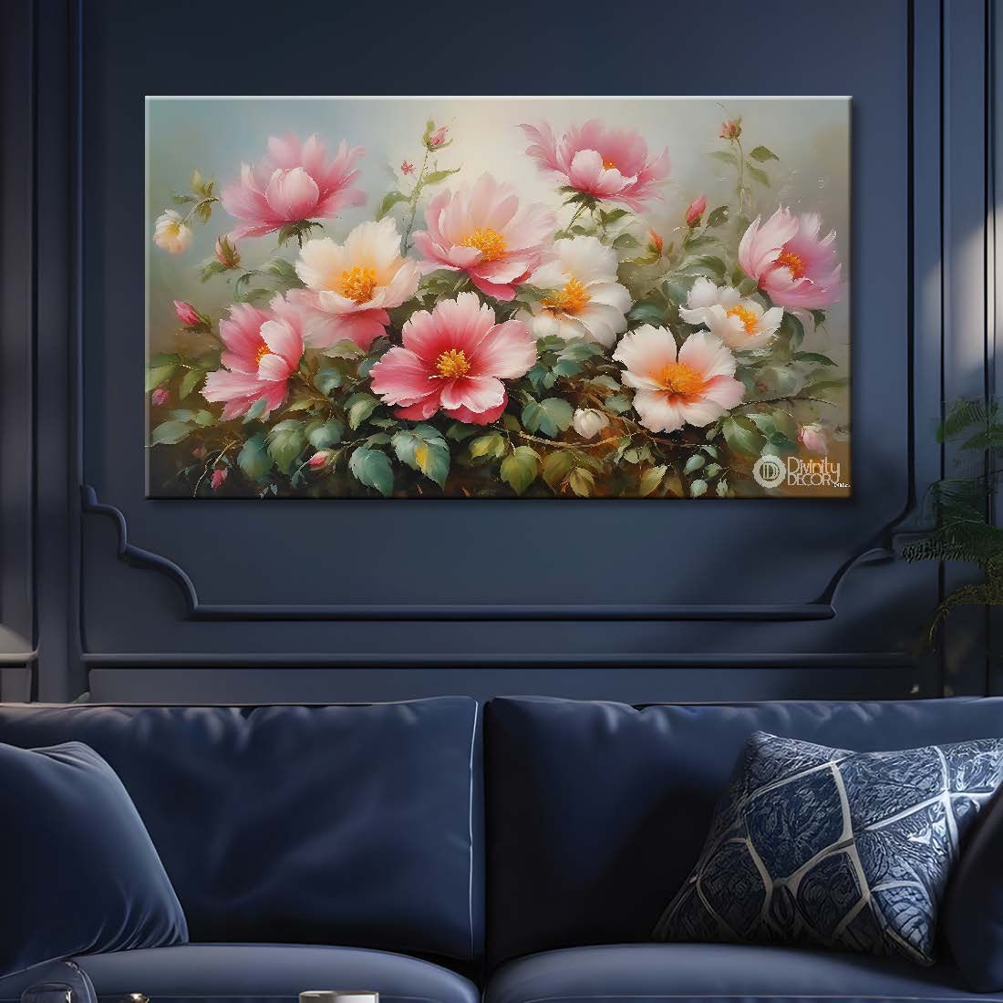 Pink flowers in grey background canvas painting- Flower-763