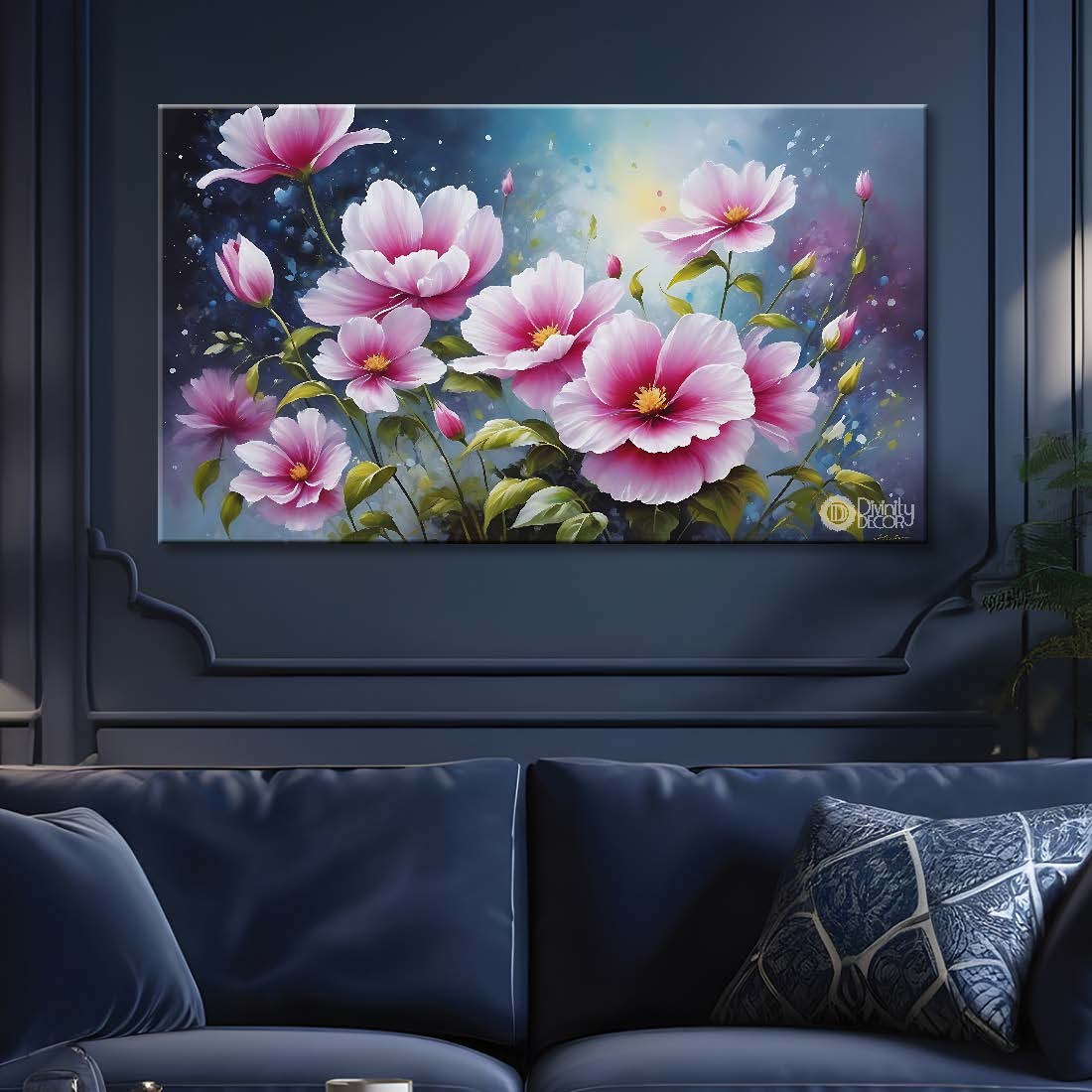 Pink flowers in blue background canvas painting- Flower-764