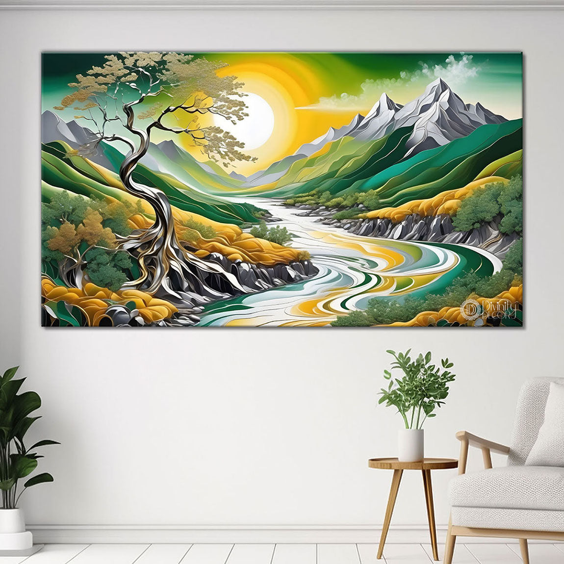 Green mountains with sun and trees painting Canvas Painting - Nature Art -764