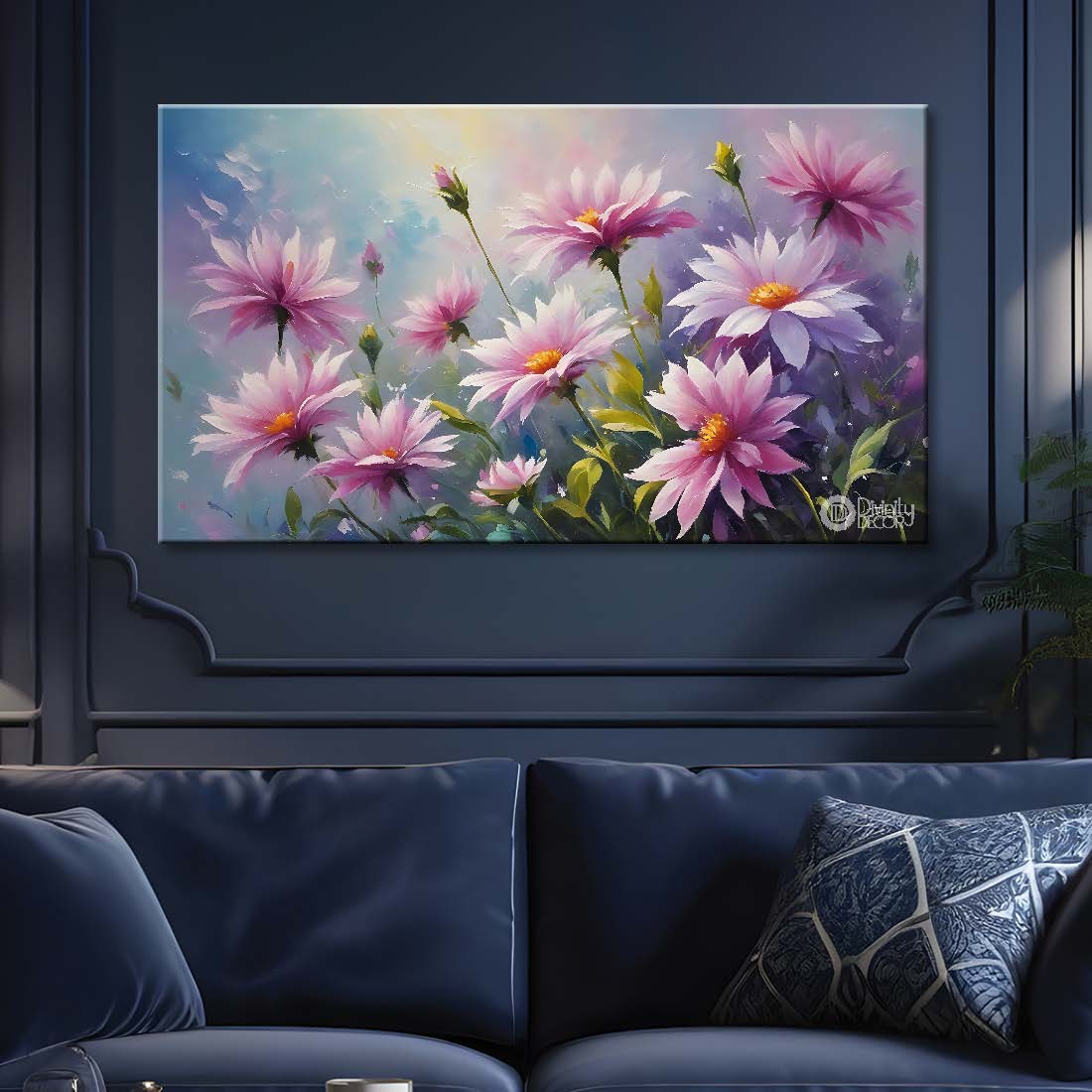 Pink flowers in grey background canvas painting- Flower-766