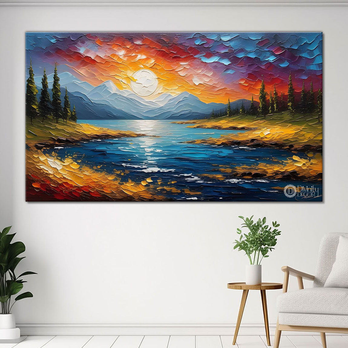 River with sunset view painting Canvas Painting - Nature Art -769