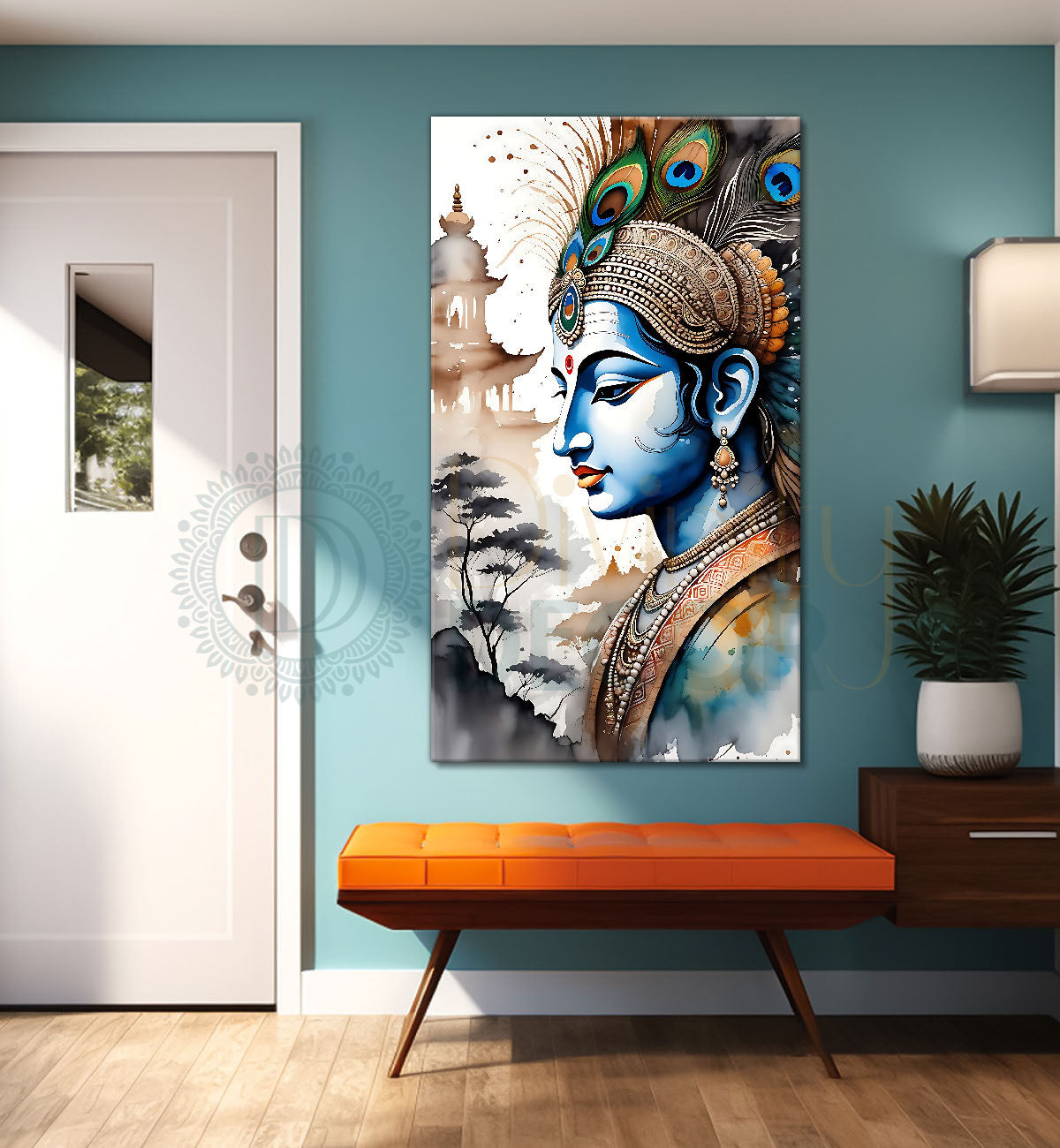 Blue face of krishna in grey and light brown water colour textured art Canvas Painting - Design - Krishna-V-76