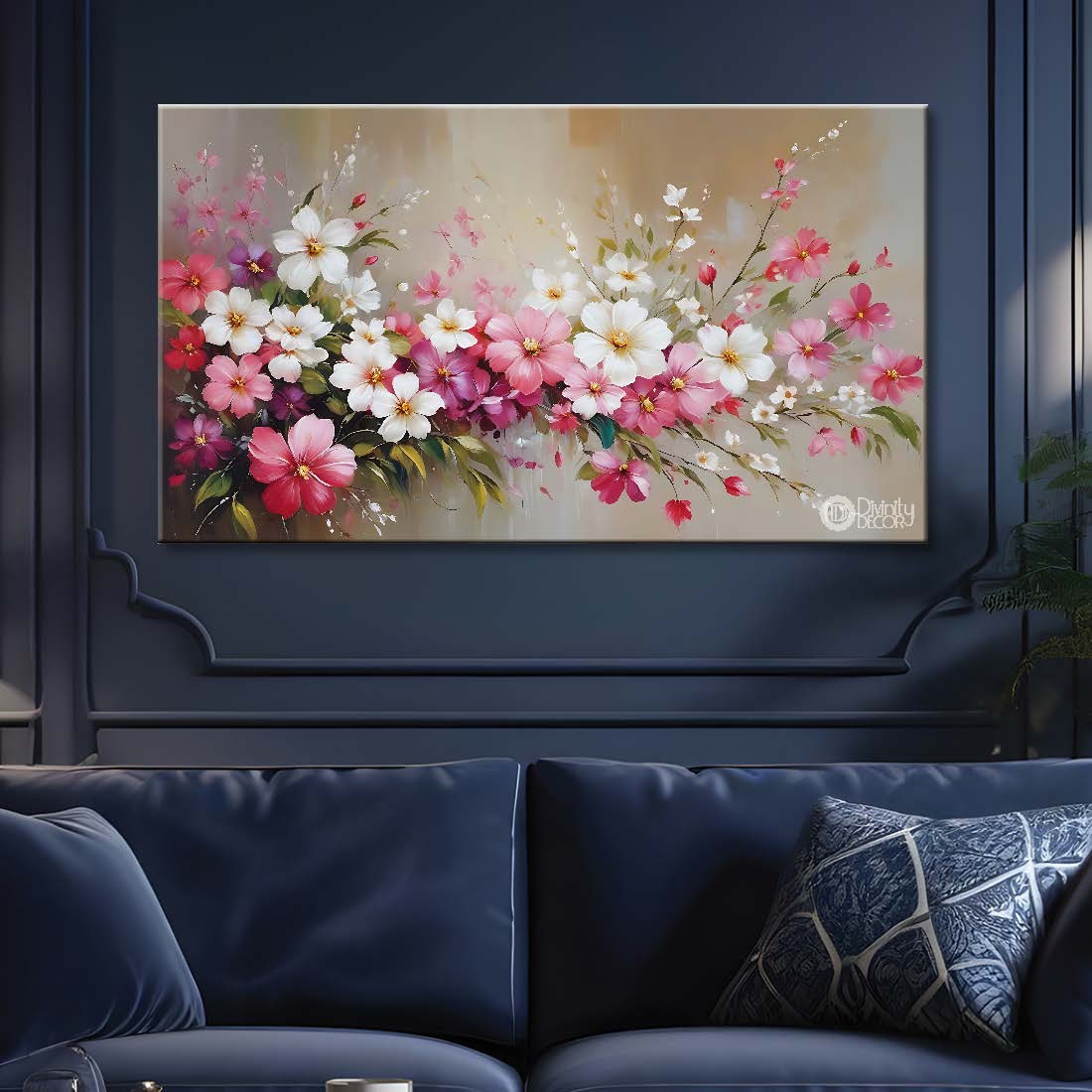 White and pink flowers in light brown background canvas painting- Flower-771