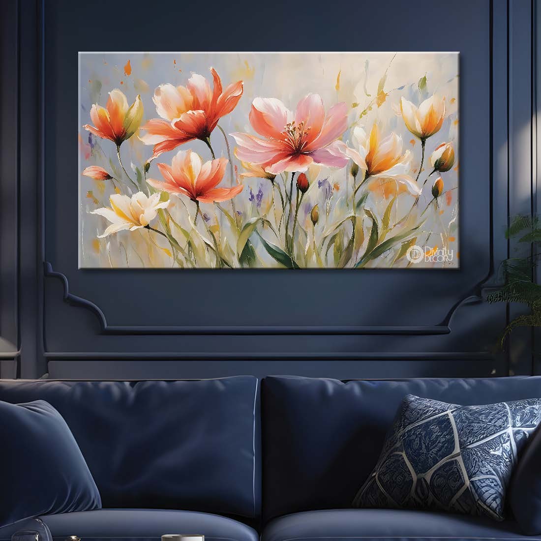 Pink flowers in grey background canvas painting- Flower-772