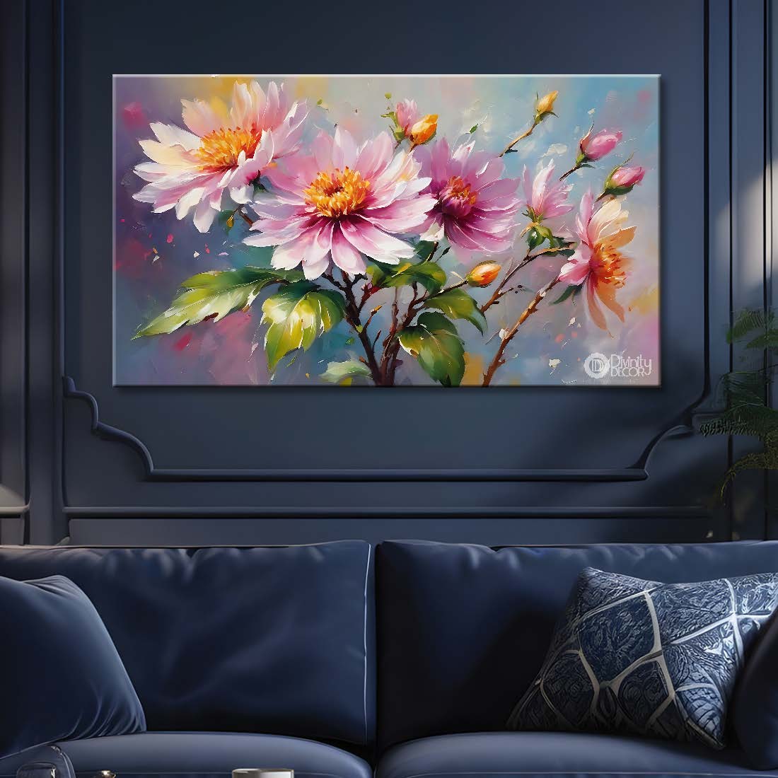 Pink flowers in sky blue background canvas painting- Flower-773