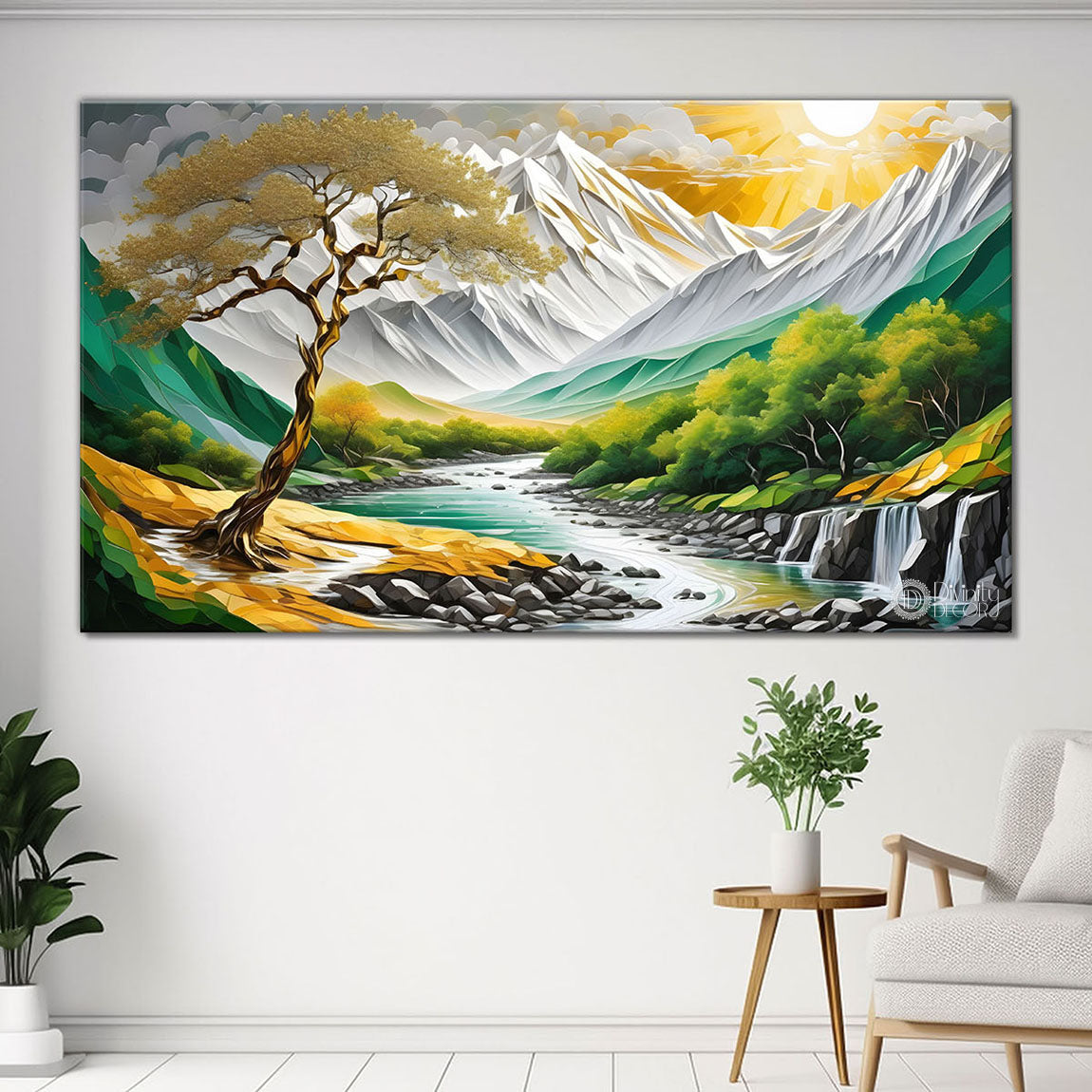 Green mountains with sun and trees painting Canvas Painting - Nature Art -773