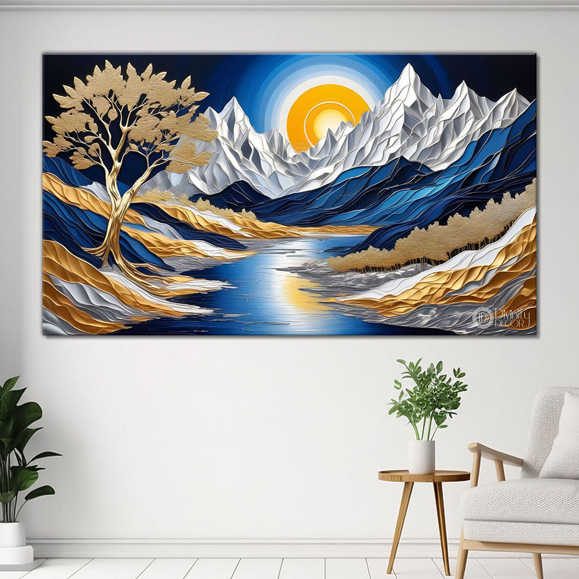 Blue mountains with the sun and trees Canvas Painting - Nature Art -774