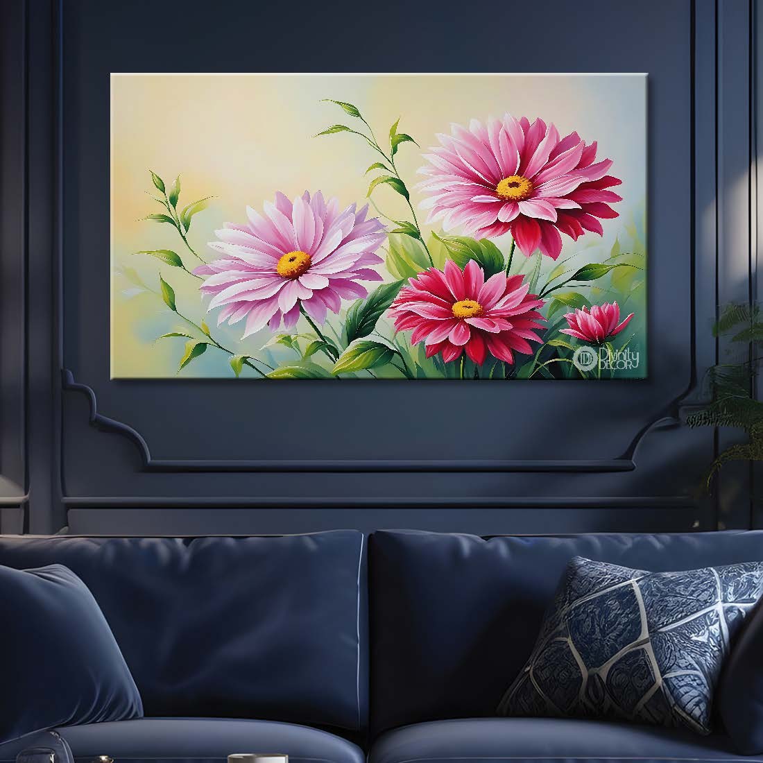 Pink flowers in light background canvas painting- Flower-777