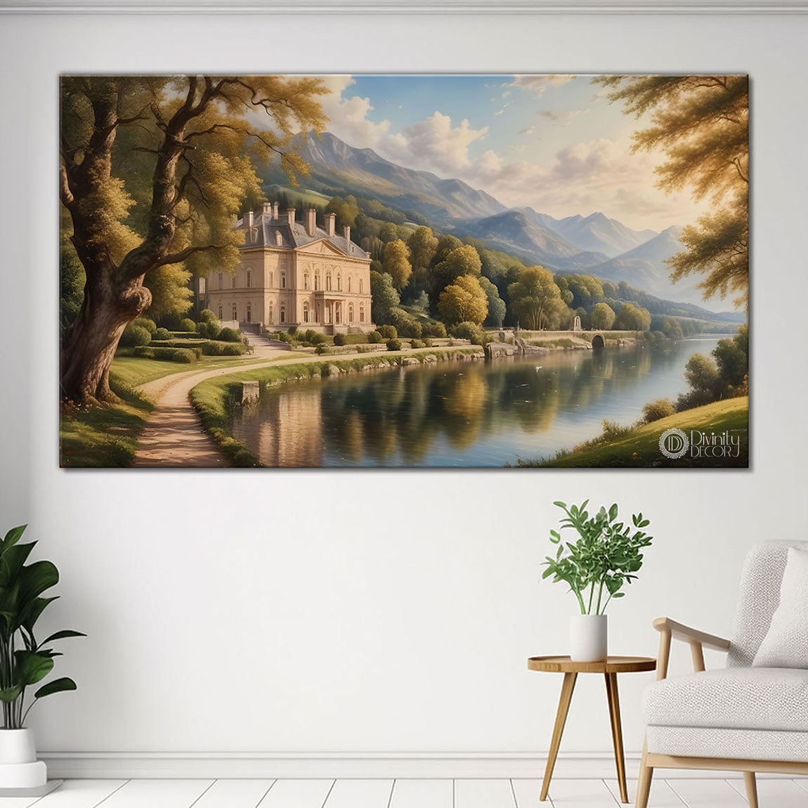 Castle with greenery and lake painting Canvas Painting - Nature Art -778