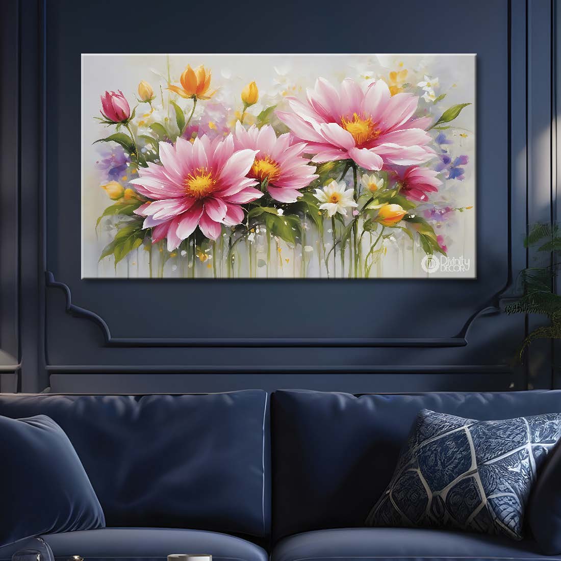 Pink flowers in light background canvas painting- Flower-779