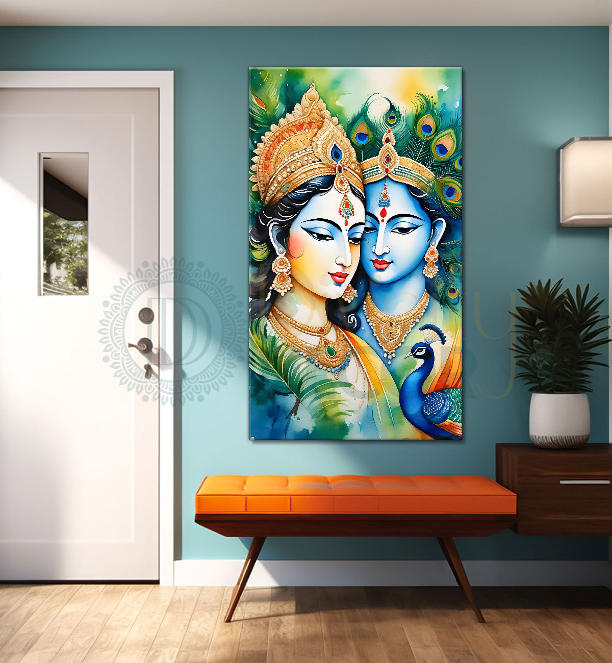 Blue face of krishna with radha in green background textured art Canvas Painting - Design - Krishna-V-77