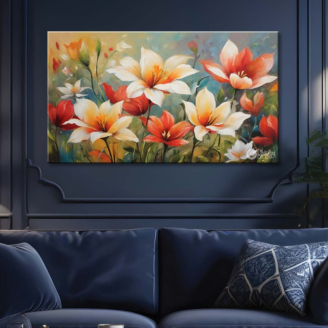 White and orange flowers in grey background canvas painting- Flower-780