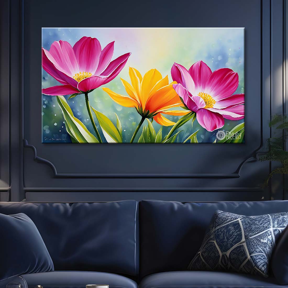 Pink and yellow flowers in sky blue background canvas painting- Flower-782