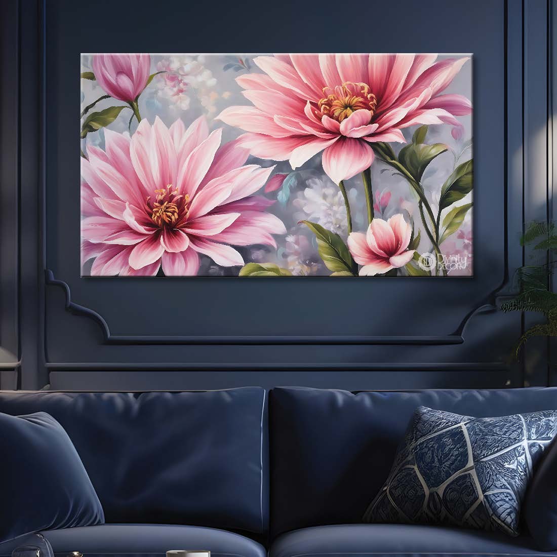 Pink flowers in grey background canvas painting- Flower-783