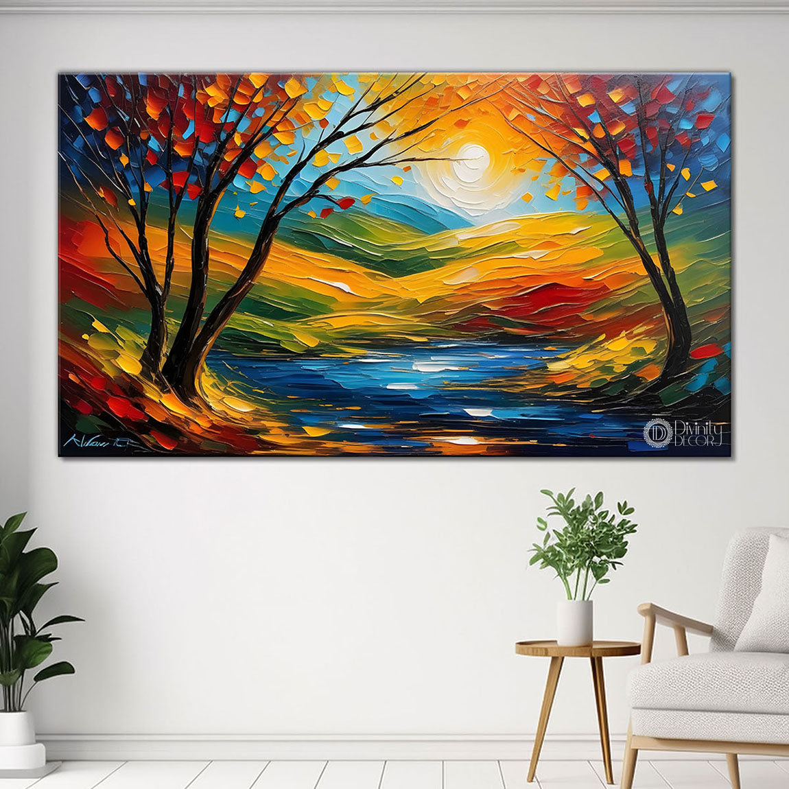 Trees with the lake painting Canvas Painting - Nature Art -783