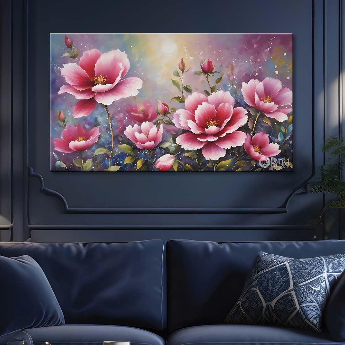 Pink flowers in grey background canvas painting- Flower-784