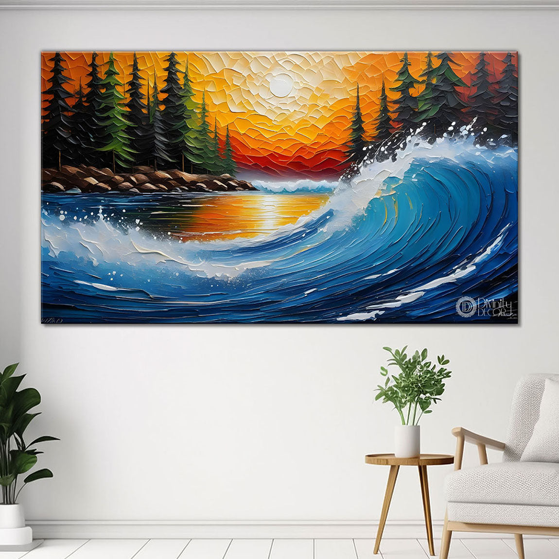 Waves with sunset textured Canvas Painting - Nature Art -784