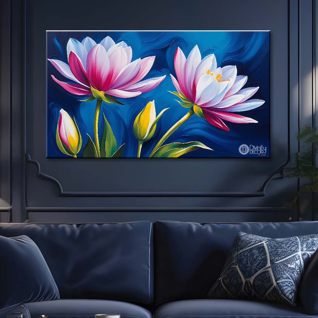 Pink flowers in navy blue background canvas painting- Flower-787