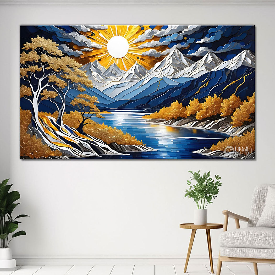Blue mountains with the sun and trees Canvas Painting - Nature Art -787