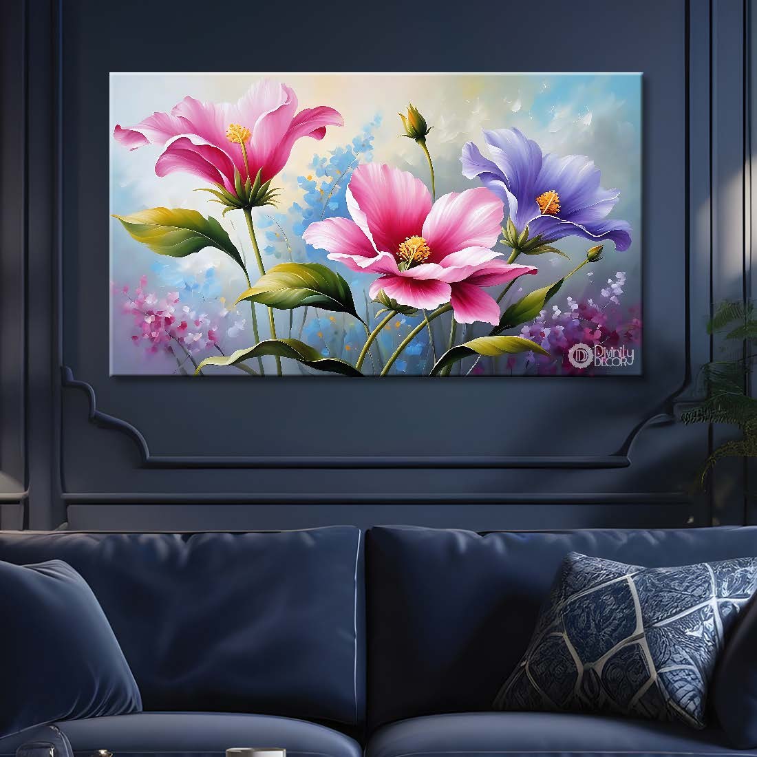 Pink flowers in sky blue background canvas painting- Flower-788