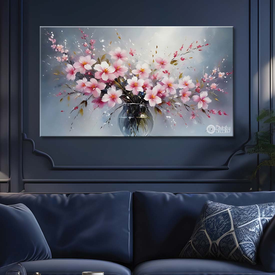 Pink flowers in a vas in grey background canvas painting- Flower-789