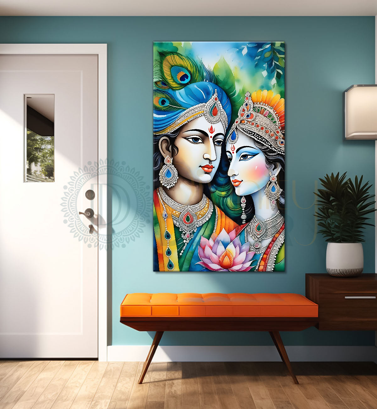 Blue face of krishna with radha in green background textured art Canvas Painting - Design - Krishna-V-78