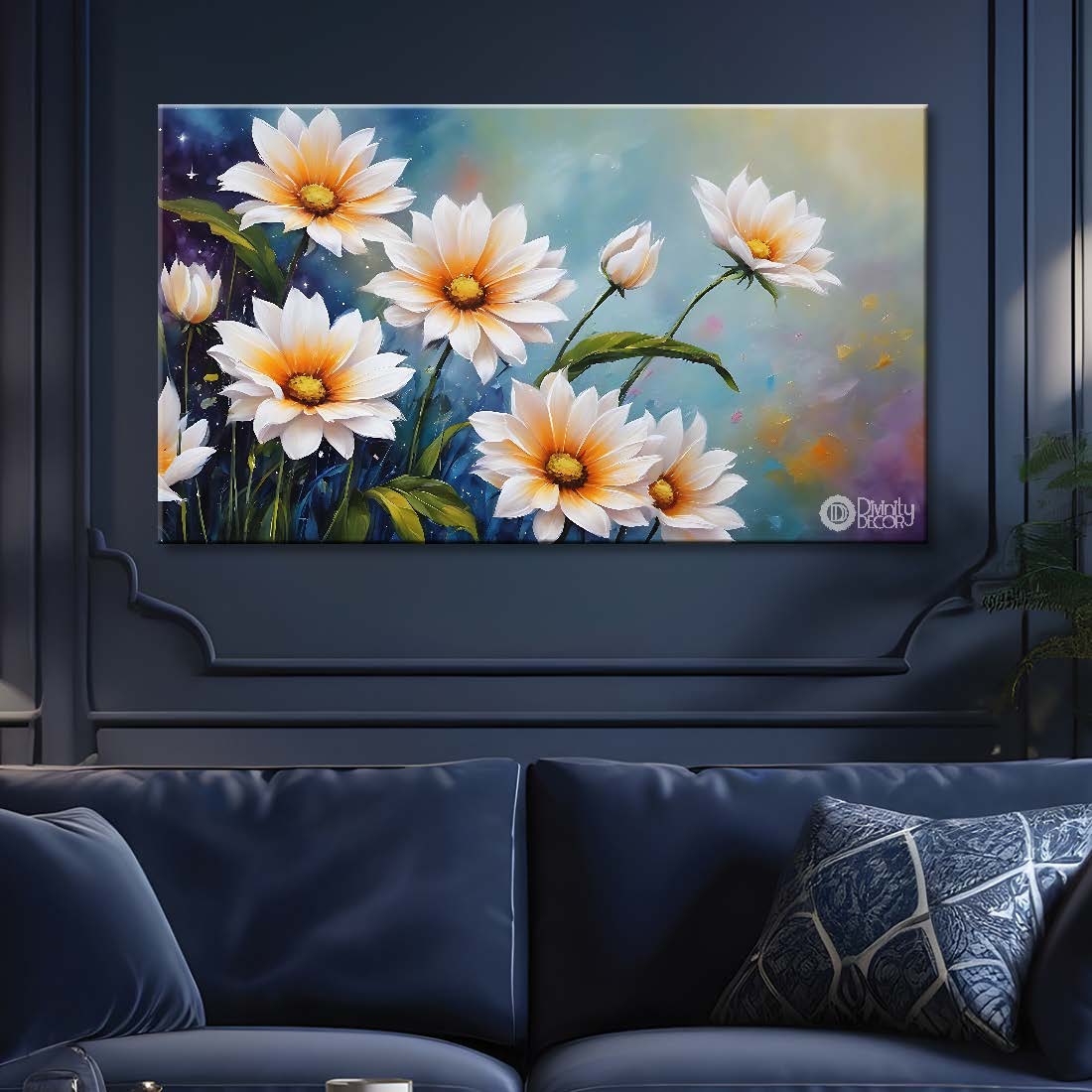 White flowers in blue background canvas painting- Flower-791