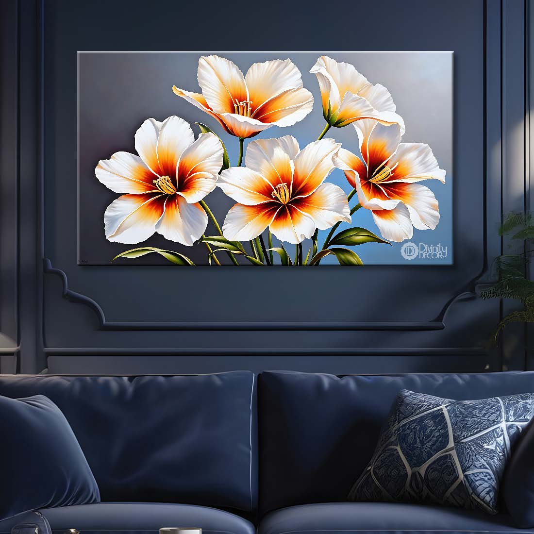 White flowers in sky blue background canvas painting- Flower-792
