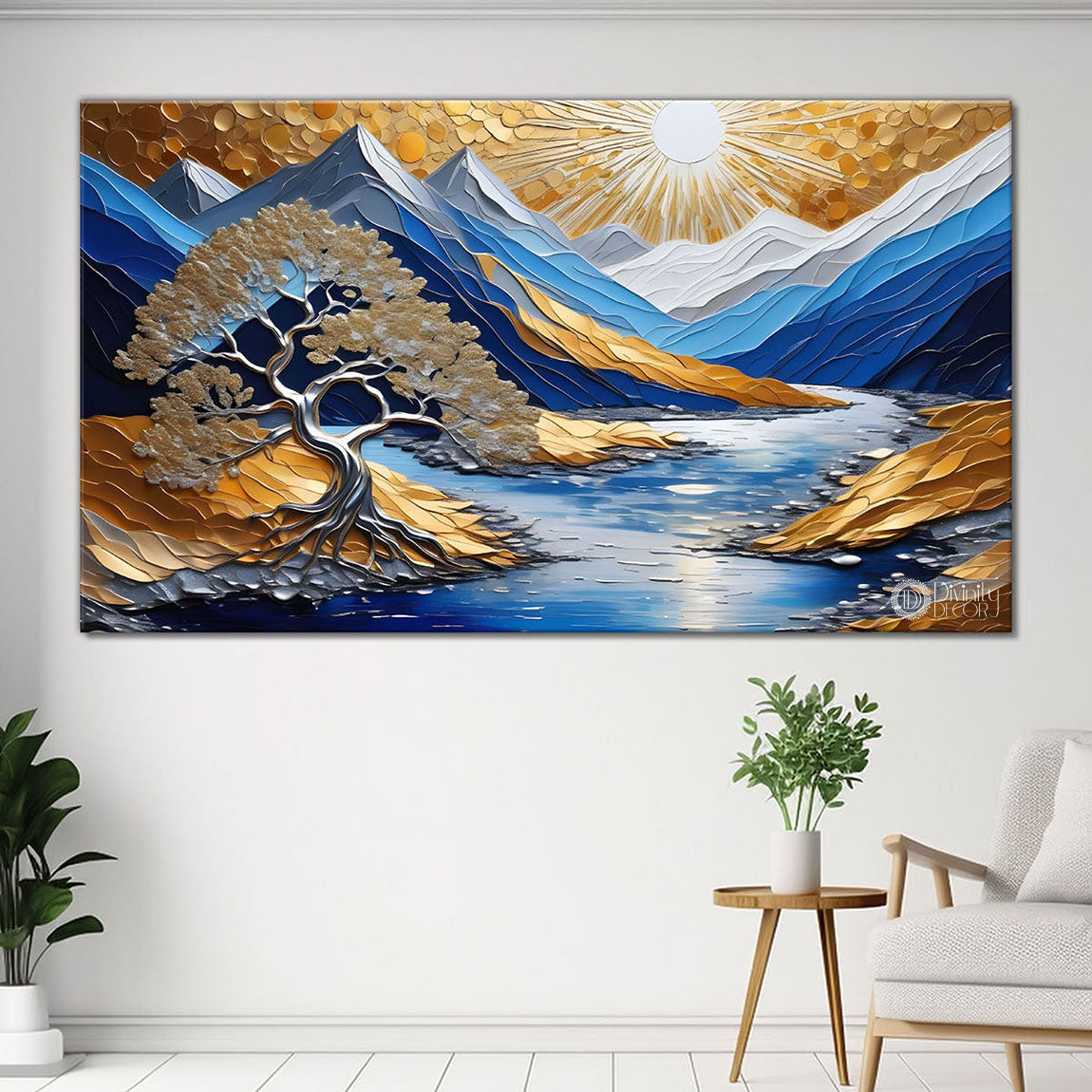 Blue mountains with the sun and trees Canvas Painting - Nature Art -792