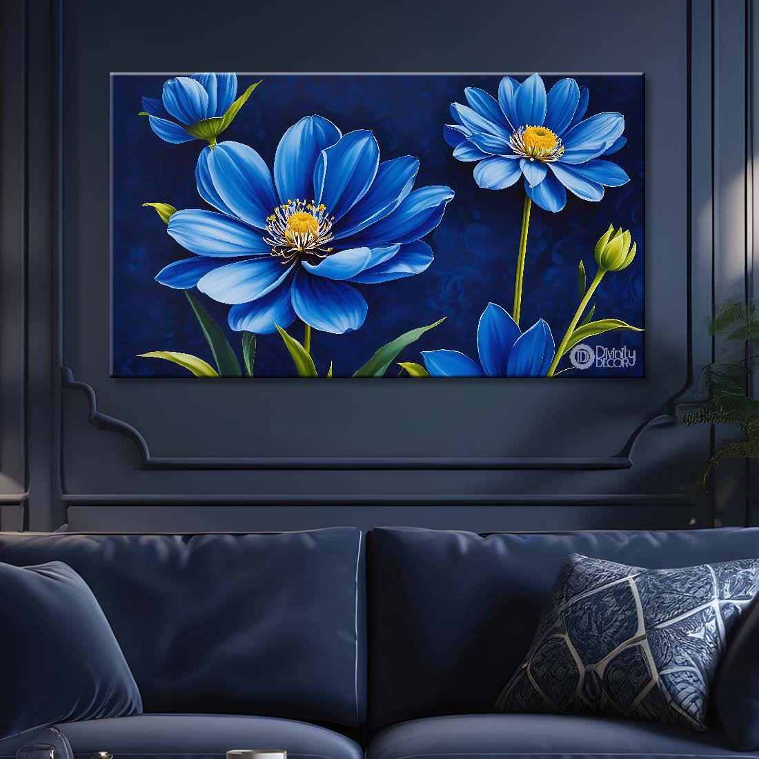 Blue flower in navy blue background canvas painting- Flower-793