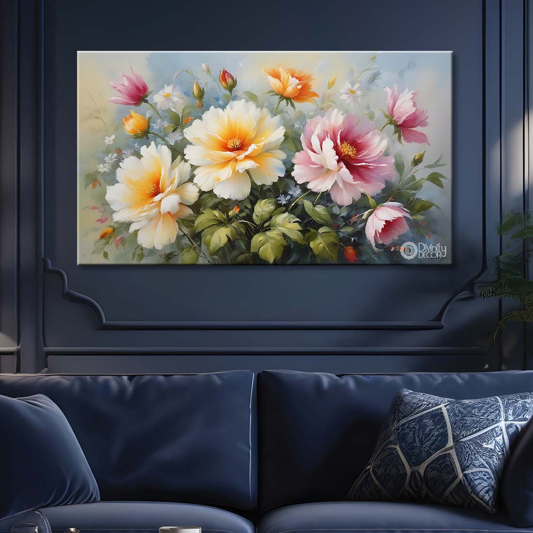 White and pink flowers in sky blue background canvas painting- Flower-794