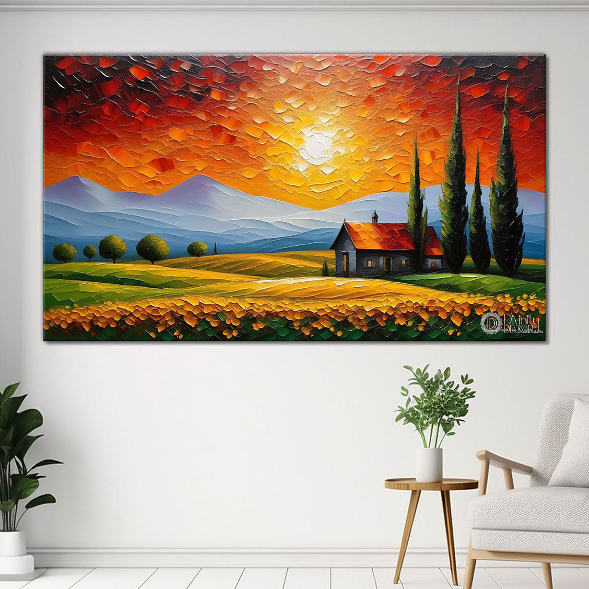 Mountains with the sunset and trees painting Canvas Painting - Nature Art -794