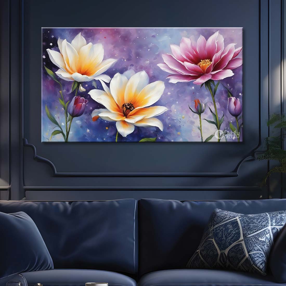 White and pink flowers in purple background canvas painting- Flower-795