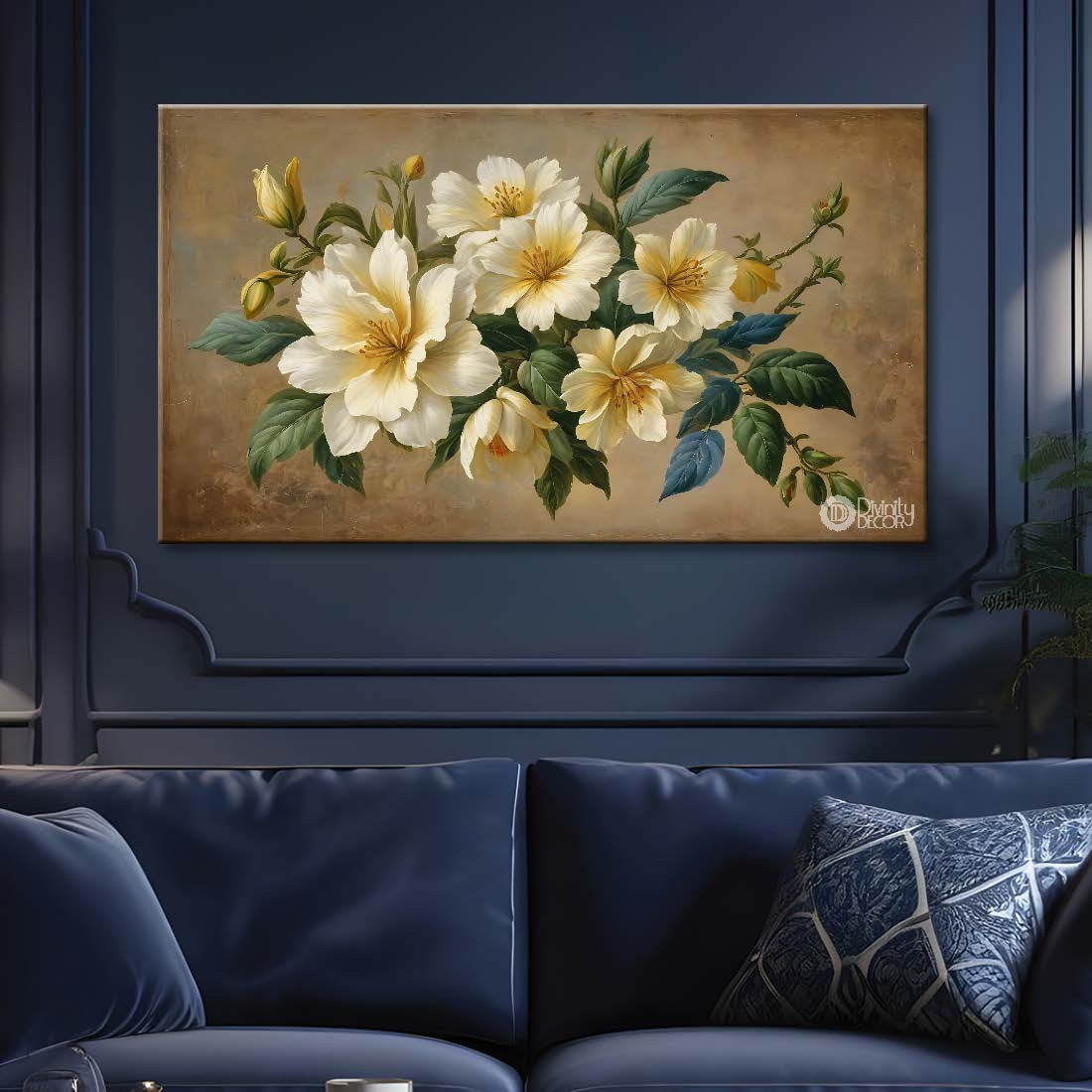 White flowers in light brown background canvas painting- Flower-797