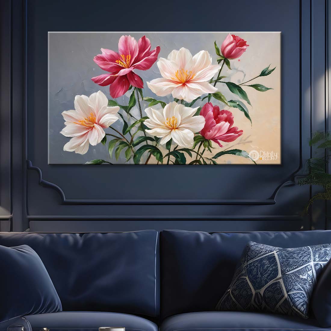 Pink flowers in grey background canvas painting- Flower-798