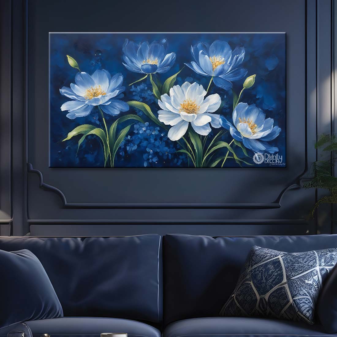White flowers in navy blue background canvas painting- Flower-800