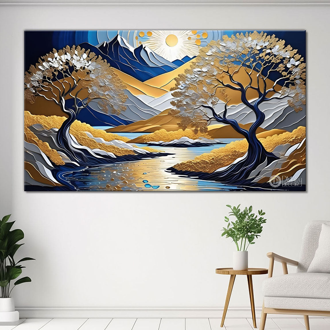 Blue mountain with tree and river painting Canvas Painting - Nature Art -800
