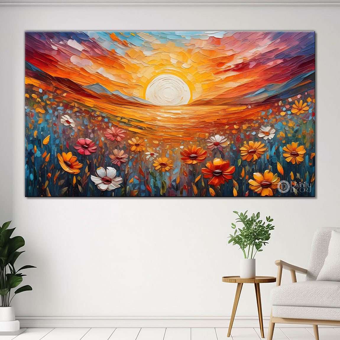 Sunset with flowers painting Canvas Painting - Nature Art -801